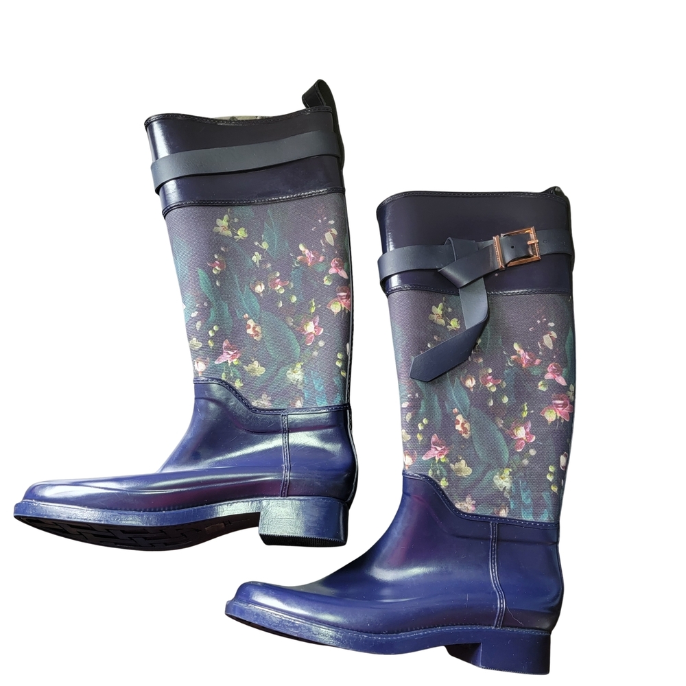 Ted Baker Hampto Blue Floral Tall Rain Boots with Buckle Strap Size 8 - Picture 2 of 14